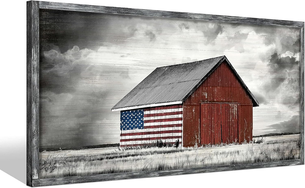 Rustic American Flag Barn Wall Art – Farmhouse Landscape Framed Decor