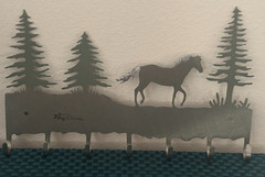 Metal Wall Art Coat Item Rack Signed Rjline Montana USA Horse and Pine Trees 12″