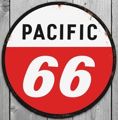Pacific 66 Gasoline 12″ Diameter Vintage Novelty Metal Sign Made In USA