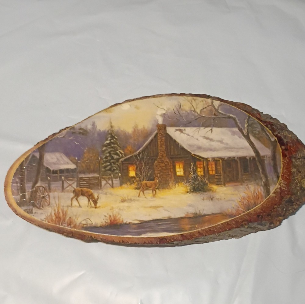 Lake of the Ozarks Rustic Oval Wood Plaque Winter Cabin Scene Ready to Hang