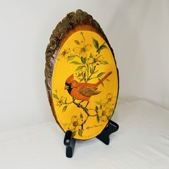 Vintage Live Edge Wood Cardinal Bird w/ Dogwood Flowers Decoupage Plaque PA