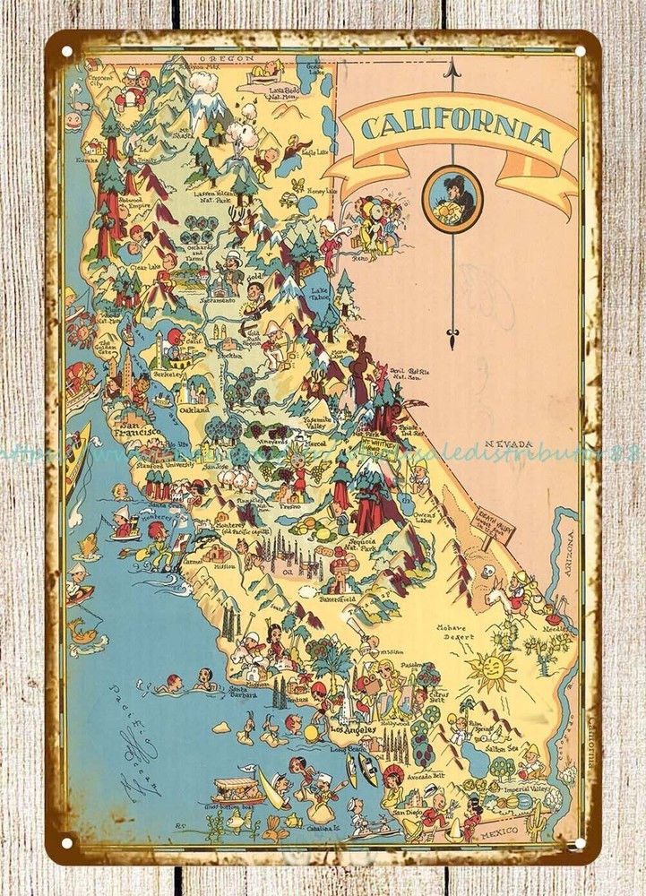 1935 Pictorial Map of California Ruth Taylor metal tin sign metal bar signs