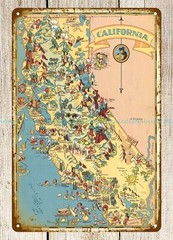 1935 Pictorial Map of California Ruth Taylor metal tin sign metal bar signs