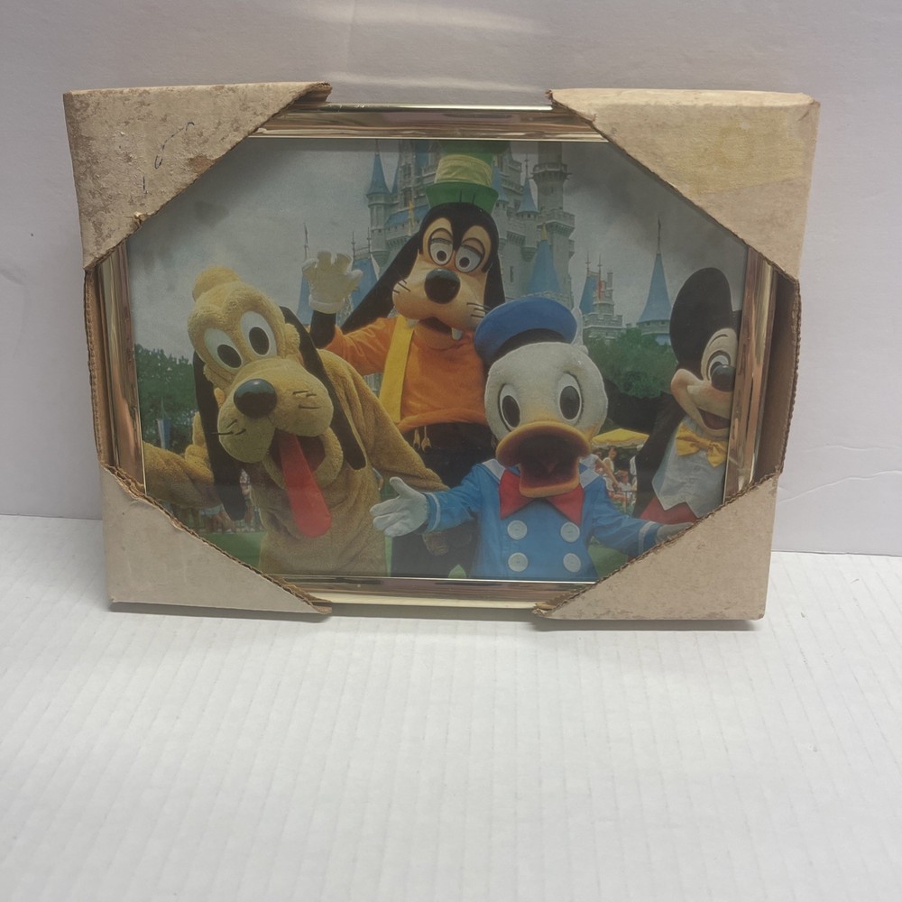 DISNEYLAND 1970s framed picture Mickey Mouse Donald Duck Pluto Goofy 8” X 6”