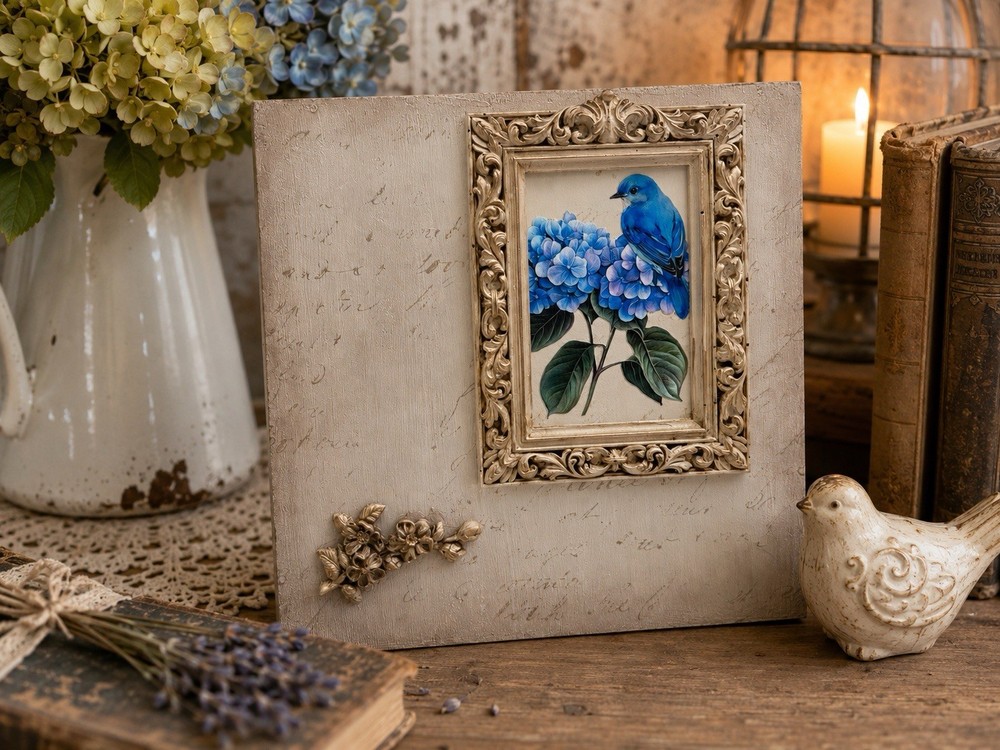 Vintage Bluebird Hydrangea Shelf Sitter Wall Hanging Framed Cottage Decor