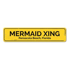 Mermaid Xing Sign, Personalized Beach Location Crossing Sign Metal Decor Sign