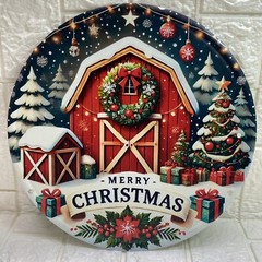 Vintage Look Red Barn Christmas Tree Round Aluminum Sign Farmhouse Gifts New