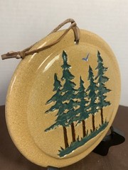 6” Round Ceramic Hand Made & Painted Textured Pine Trees Wall Art