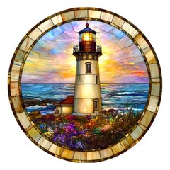 Lighthouse with Sunset Stained Glass Look Wreath Attachment, Sign, Door Hanger