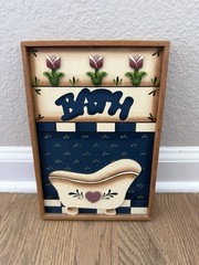 Vintage Handmade Wood Bath Sign Bathtub Heart Tulips Flowers Cottage Core