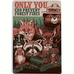 [Vintage Smoky Sign] Rustic 12×8 Inch Smoky the Bear & Friends Tin Metal Signs |
