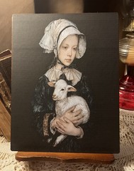 Bonnet Girl, Lamb, Sheep, Folk Art, Primitive Handcrafted Plaque / Sign