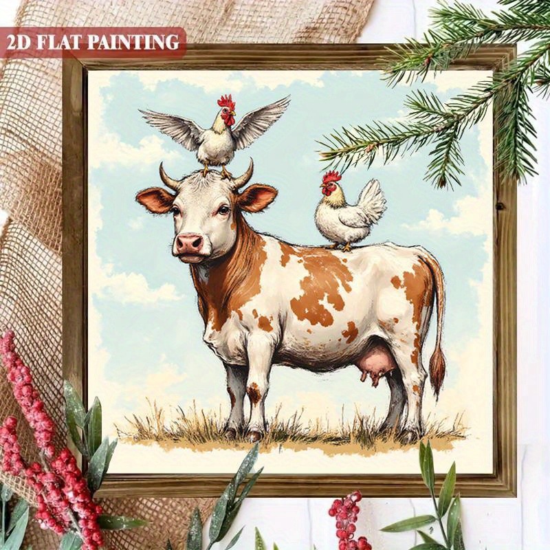 Spotted Cow With Two Chickens Farm Animal Wooden Plaque Rustic Country Decor