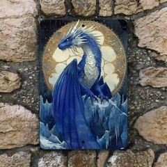 Blue Ice Dragon Metal Sign – Fantasy Wall Art with Moon, 8×12 Aluminum Decor