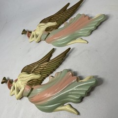 2 Vintage Angel With Wings Pink & Blue Wall Hanging Cast Aluminum 12 1/2″ X 8″