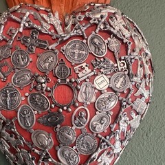 Vintage Mexican Folk Art Carved Wood Flaming Sacred Heart Milagros Medals