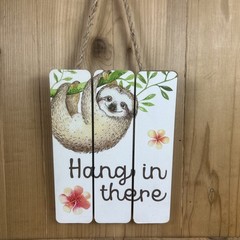 Hang In There Wood Sign Sloth Hanging Flowers 8.5×6.5 Inch Wall Decor