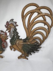 Vtg MCM Pair MIDWEST Metal Fighting Rooster Plaques Wall Barn Gamecocks USA
