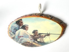 Vintage Decoupage Live Edge Slab Wood Indians Hunting Wall Decor Plaque