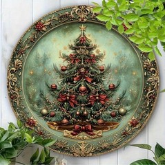 Christmas Metal Sign Wreath Center VINTAGE CHRISTMAS TREE All Weather 8 x 8