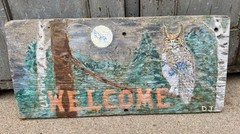 Vintage Hand Painted Wood Welcome Cabin Sign Woods Decor Owl VTG