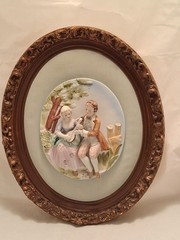 Vintage 16” Oval Bisque Porcelain Colonial Couple on Velvet– Wall Plaque
