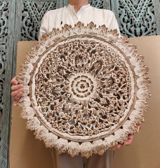 24″ Round Teak Wood Wall Art Hand Carved Floral Mandala White Washed RS012