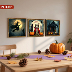 3Pcs Halloween Cat Witch Ghost Castle Wooden Plaque Vintage Framed Wall Decor