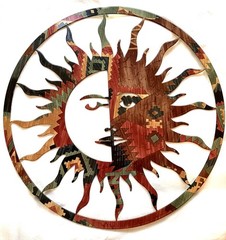 LAZART Enameled Metal Sun Moon Face 15″ Diameter Laser Cut Hanging WALL ART