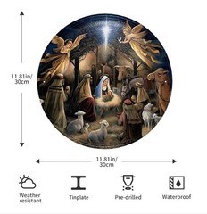 Christmas Manger Nativity Scene 12×12 Inch Round Metal Sign. New