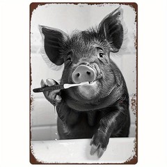 Vintage Metal Sign Black White Pig Funny Farmhouse Aluminum Sign 8×12