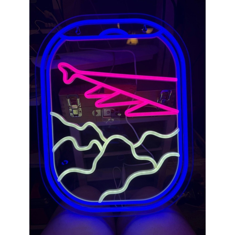 Airplane Window LED Neon Sign Light Blue Pink White Travel Wall Decor Pilot Gift