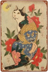 Vintage Japanese Samurai Cat Tattoo Home Cafe Office Cat Tin Metal Signs