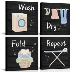 Laundry Sign – Wash Dry Fold Decorations, Framed 12x12inchx4Pieces (Black)