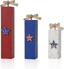Smile Wooden Patriotic Star Decor Blocks – 3-Piece Red, White, Blue Distressed D