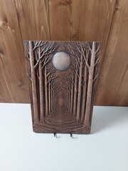 Oak Wood Carving, Moonlit Forest Pathway, Rustic Woodland Wall Art