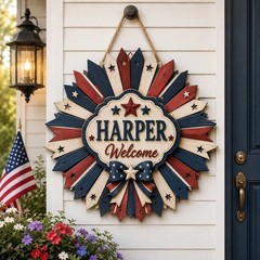 Personalized Patriotic Flower Wooden Hanger, Custom USA Flag Name Sign