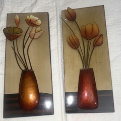 Set of Metal Floral Vase Wall Decor 3D Effect Rectangle vintage 1960’s artwork