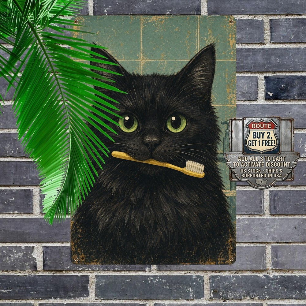 Black Cat Brushing Teeth Green Illustration Bathroom Metal Tin Sign