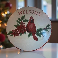 Large Metal Bottle Cap Sign “Welcome” Red Cardinal 13″ Diameter