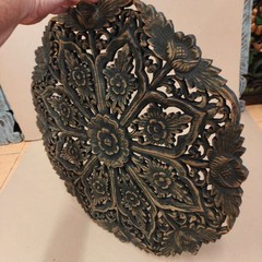 24″ Round Teak Wood Wall Art Hand Carved Floral Mandala Distressed Black RS004