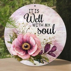 8×8 Inch Aluminum Tin Metal Signs – “It Is Well with My Soul” Hymn Wreath