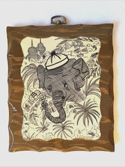 Vintage Elephant Wall Plaque Line Drawing Decoupage Lacquer Wood 6″ x 5″