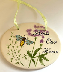 “Bless Our Home” painted ceramic wall plaque w/ Bee & Flowers