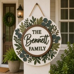 Personalized Family Name Wooden Sign, Greenery Wreath Door Hanger