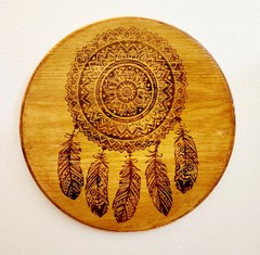 11″ Wood Burned Dreamcatcher Wall Art Boho Mandala Hanging Wooden Plaque Decor