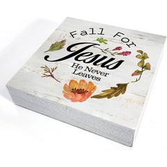 christian fall decor “Fall For Jesus He Never Leaves” floral wooden box sign