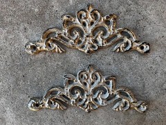 TWO Cast Iron Scroll Toppers, Cabinet Hardware, Wall Plaques, drawer decor royal