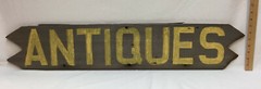 Weathered Lapped Barn Wood Sign ” ANTIQUES ” in Yellow Paint 38″ x 7 1/4″