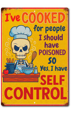 Funny Chef Skull Kitchen Sign 8×12 Aluminum Wall Decor Cooking Humor Self Contro